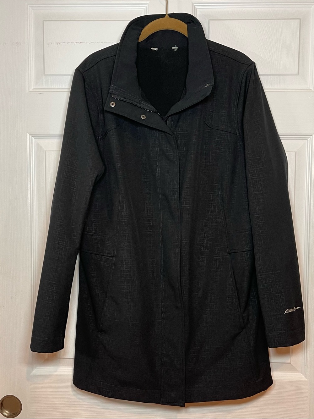 Eddie Bauer Crosshatch Softshell Trench Coat Jacket Black Fleece Lined Large